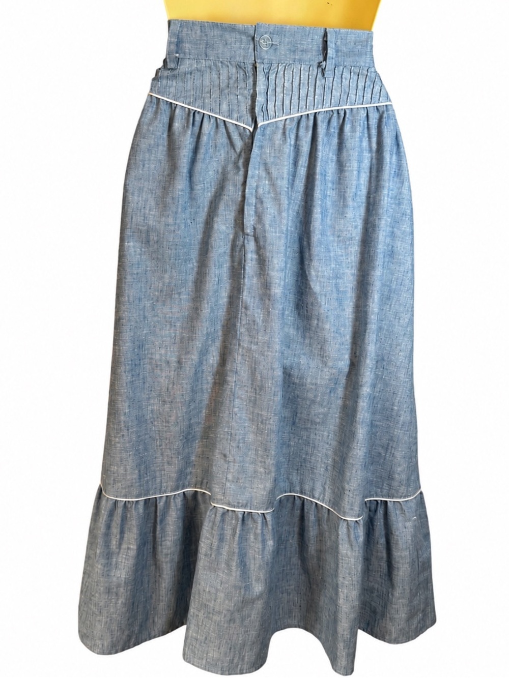 Vintage 70s 80s Tem Tex Western Prairie Skirt Chambray Blue Ruffle Maxi 28” W - Picture 4 of 14